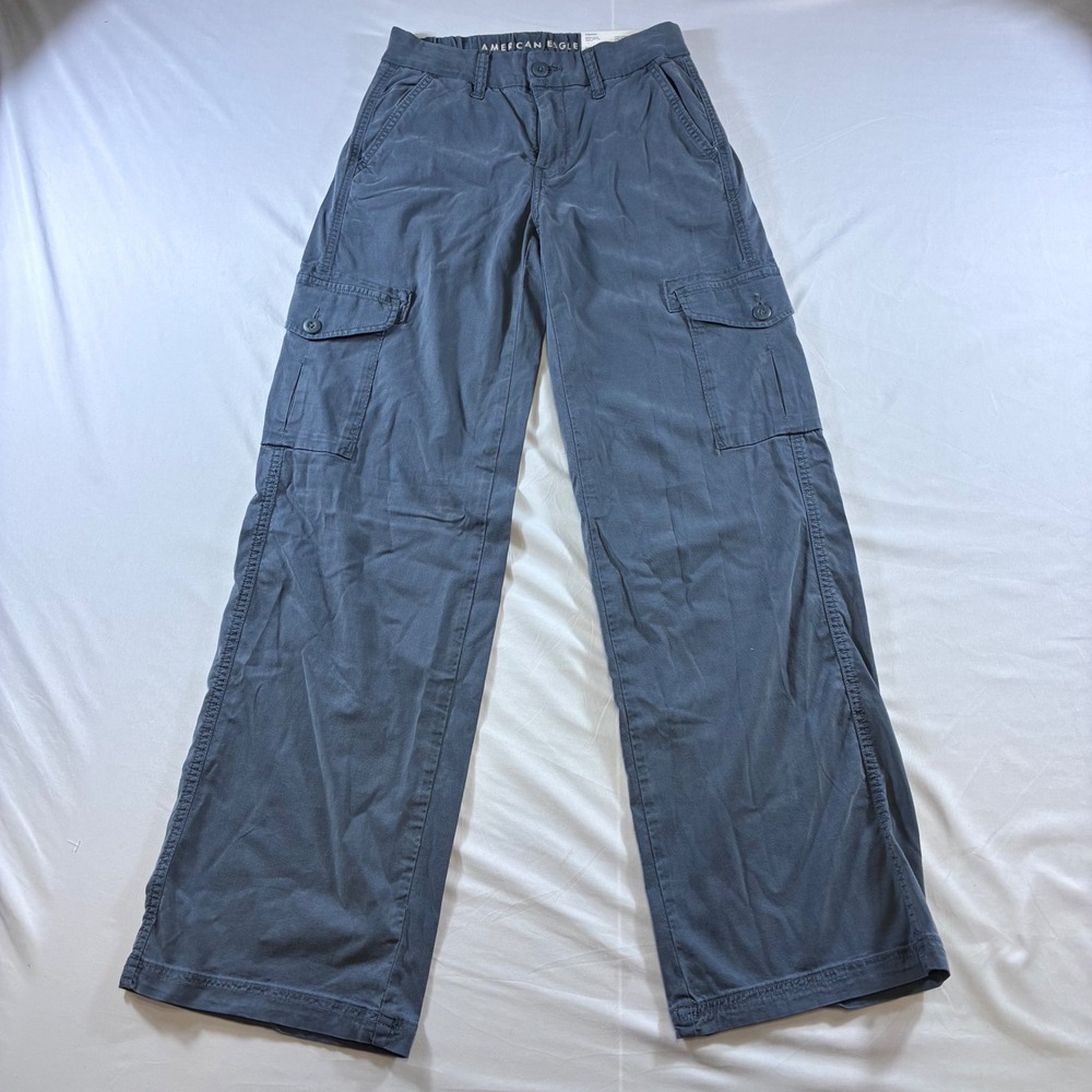 American Eagle Dreamy Drape Baggy Wide Leg Cargo Pants Blue Gray 000 Regular NWT